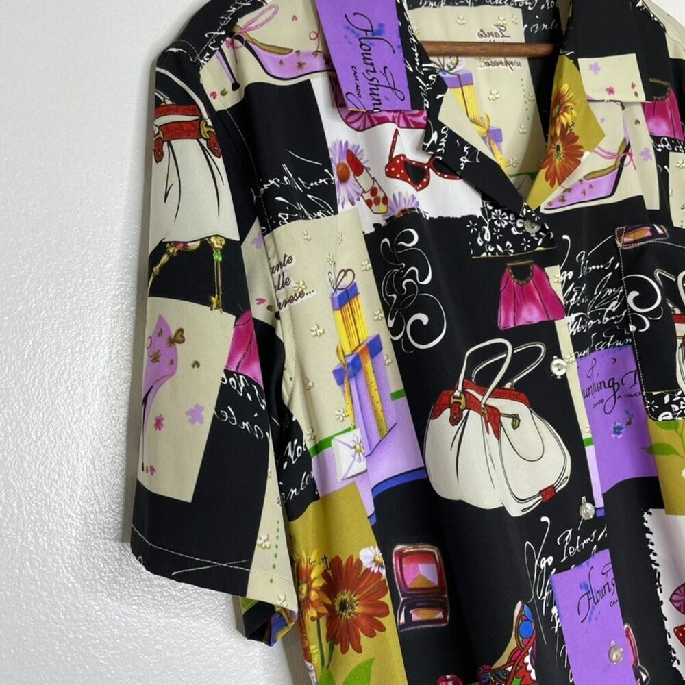 Susan Graver Top Novelty Art Blouse L Purse Perfume Shoe Graphic Button Shirt